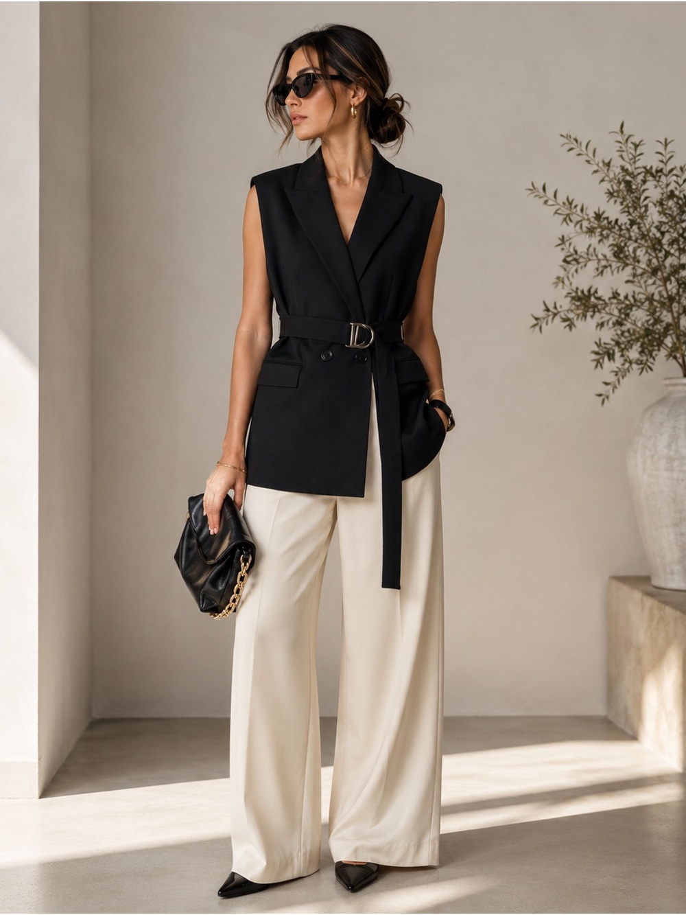Maje Black Sleeveless Tailored Vest with Gold Buckle Belt